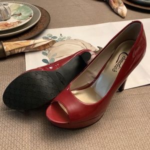 Candies Ruby Red Peep Toe High Heels, Size 7M